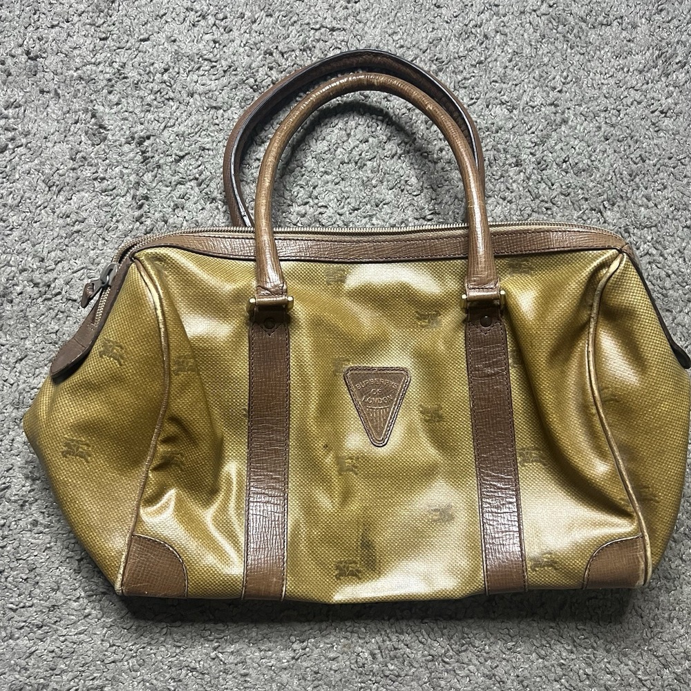 Vtg Burberry Rare Brown Leather Satchel Bag Nova Check Shoulder Handbag